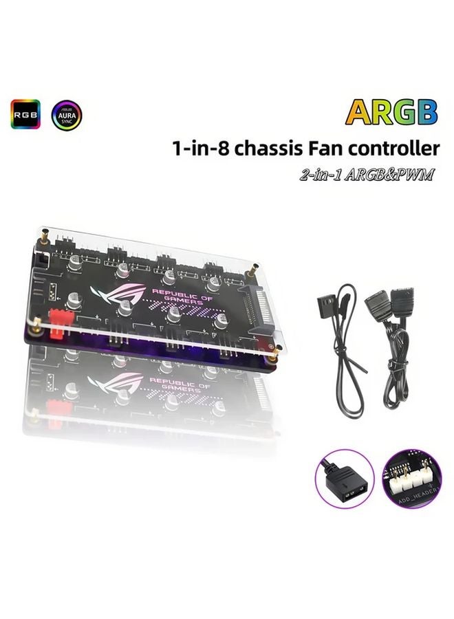 Black Dual 8 Port ARGB PWM Fan Hub with Magnetic Base SATA Power Optical Sync - Image 1